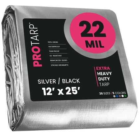 PROTARP 12 ft x 25 ft Heavy Duty 22 Mil Tarp, Silver/Black, Polyethylene, Waterproof, Rip and Tear Proof PT-201-12X25